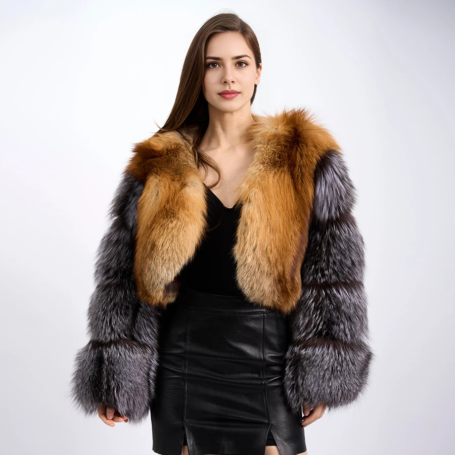 Short Red Fox Fur Coat With Round Collar Real Fur Petite Jacket Natural Silver Fox Fur Jacket Hot Selling Women's Leather Jacket
