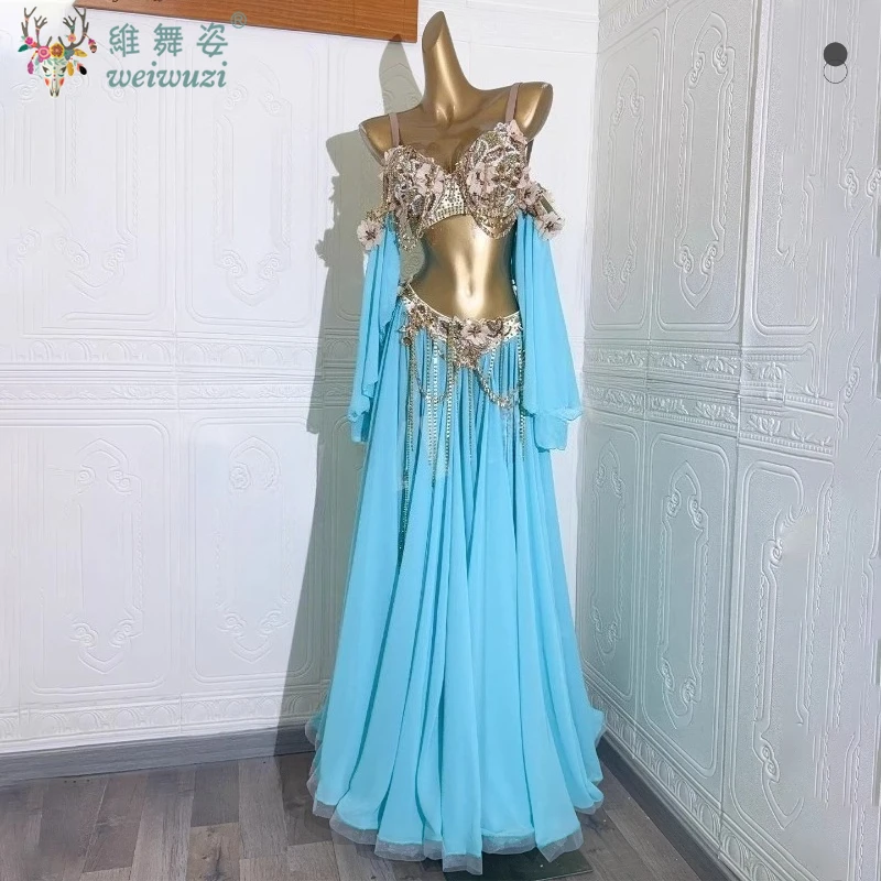 Belly Dance Popsong Suit Customization Exquisite Flowers Tassel Bra+Sleeves+Sexy Long Skirt 3pcs Dancer Performance Costumes
