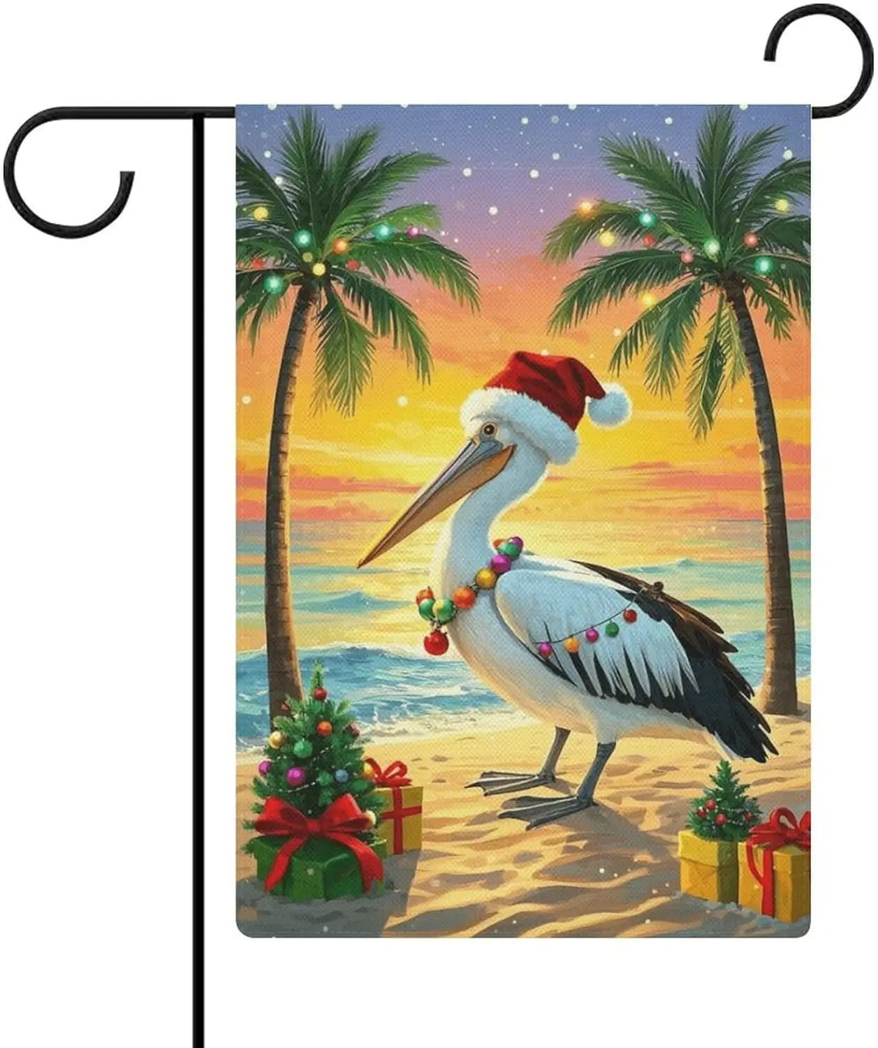 Christmas Pelican on Seashore with Colorful Lights And Gifts Garden Flag - Linen Fabric, Perfect for Gardens And Outdoor Din PPM