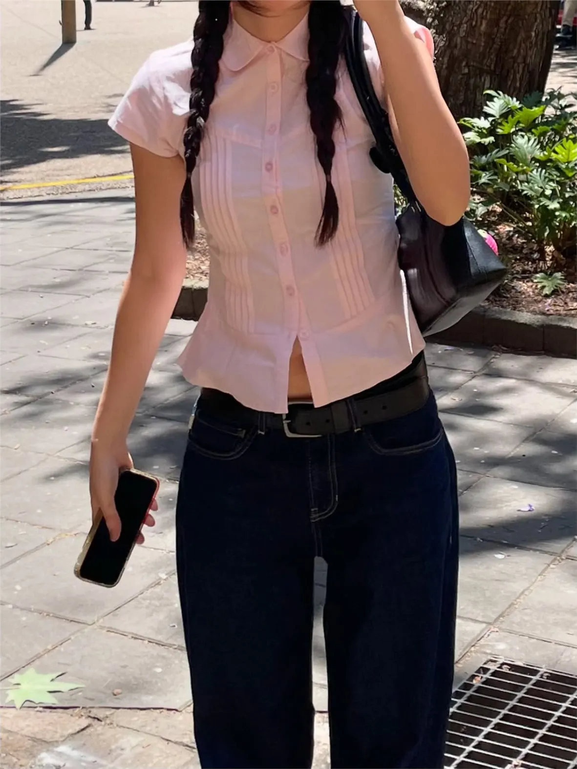 Slim Fit ort Sve irt Accordion Pleat Women's Faion Casual irt Pure Color Polyester Fiber Blend HGWLT27783