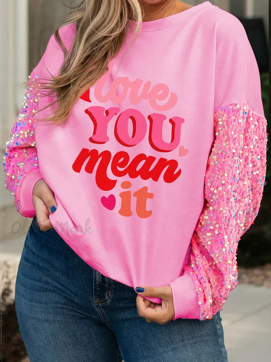 2025 Women's Valentine's Day Sequin Sleeve Sweatshirts Top Letter/Lips/Heart Print All-match Top Sweet Long Sleeve Pullover Tops