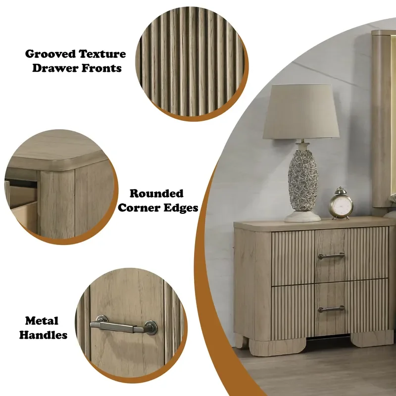 Modern 2-Drawer Antique Oak Wood Nightstand with Grooved Design Rounded Edges & Metal Hardware for Bedroom Hotel & Home