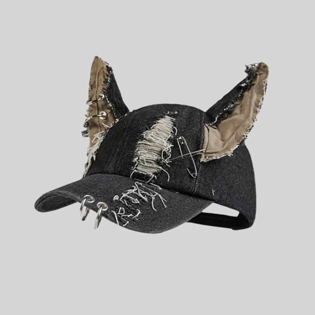 Gorra de béisbol Unisex Retro vaquero Hip Hop Y2K liso Punk Dobermann orejas Denim agujero cadena de Metal rendimiento Tropical