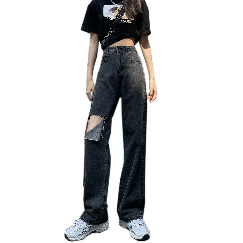 Women Hole Jeans Wide Leg Pants High Waist Vintage Full Length Pockets Button Distressed Straight Trousers 2026 Casual Denims