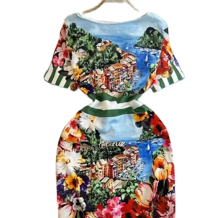 

TRAF Summer Holiday Runway Dress Women's Short Sleeve House Floral Print High Waist A Line Zipper Beach Vacation Mini Vestidos