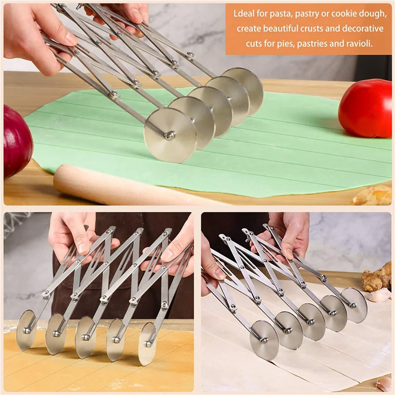 PZHI-2X 5-Wheel Pastry Cutter Pizza Cutter Multi Wheel Dough Cutters Expandable Pizza Slicer Baking Roller Pastry Knife