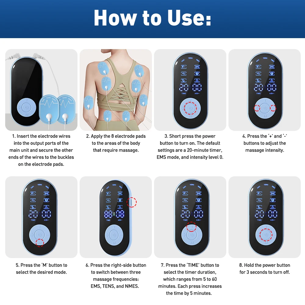 Rechargeable 18 Modes EMS TENS Muscle Nerve Electrostimulator Electrodes Patches Body Pulse Physiotherapy Massager Relieve Pain