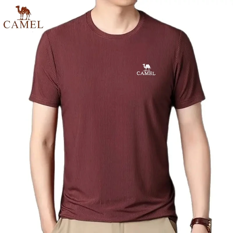 

New Embroidered CAMEL Silk Stripe Short Sleeved T-shirt for High End Summer Men's Fashion, Casual, Smooth, Comfortable Polo Top