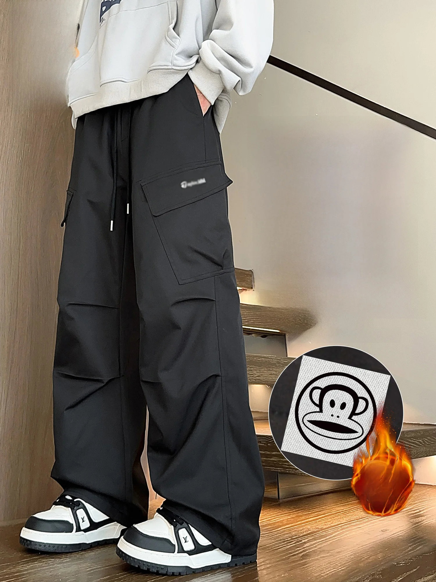 

PaulFrank Winter Thiened Fce Lined Casual Pants Men's Loose Fit Straight Leg Workwear Trousers Warm Comfortable Long Tro...