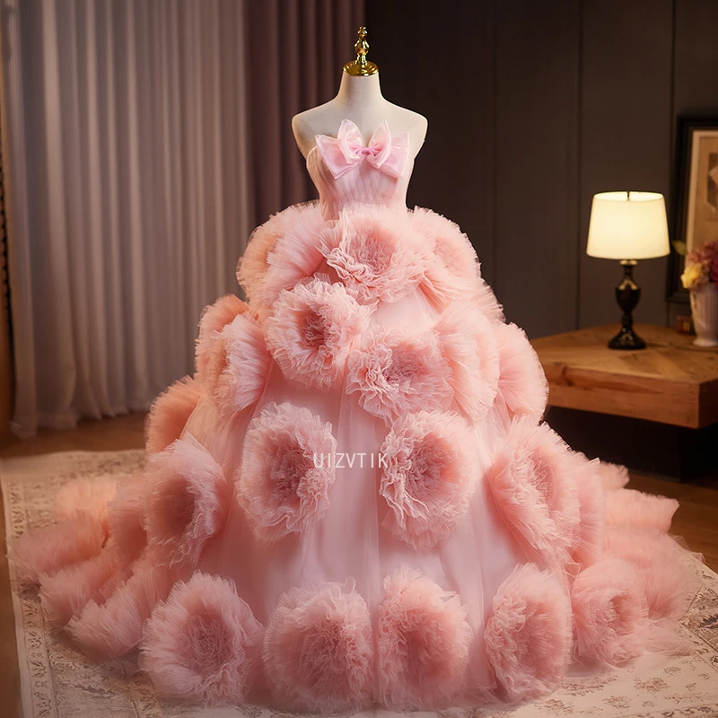 

Luxury Pink 3D Flower Party Evening Dress Ball Gown Wedding Bridal Dresses Handmade Ball Flowers Bride Photoshoot Dress 2026