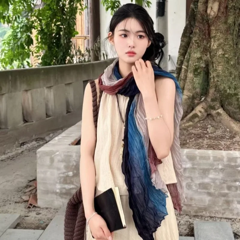 

Корейская атмосфера Mori, осенне-зимний хлопковый и льняной шарф с принтом тай-дай, женская тонкая литературная шаль большого размера, высококачественная