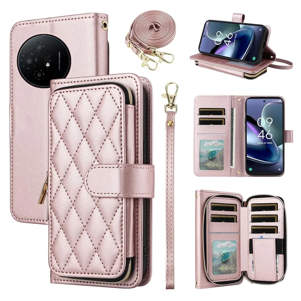 Funda Cartera Argyle para TCL 50 XL 5G con Correa de Muñeca y Bandolera, 9+ Ranuras para Tarjetas, Monedero con Cremallera, Soporte de Cuero PU de Lujo con Diseño a Cuadros