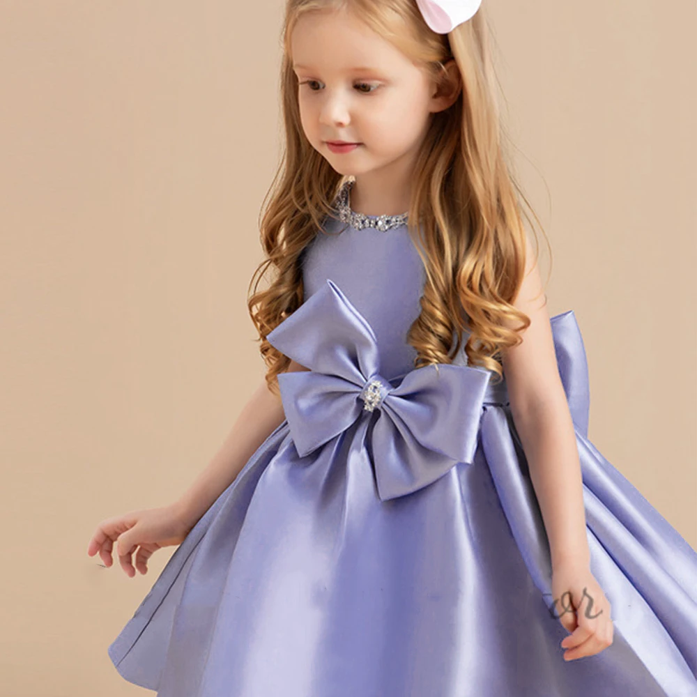 

Purple O-Neck Beaded Flower Girls Dress for Wedding Satin Sleeveless Mini with Bow Short Cute Baby Birthday Gowns Party Dress