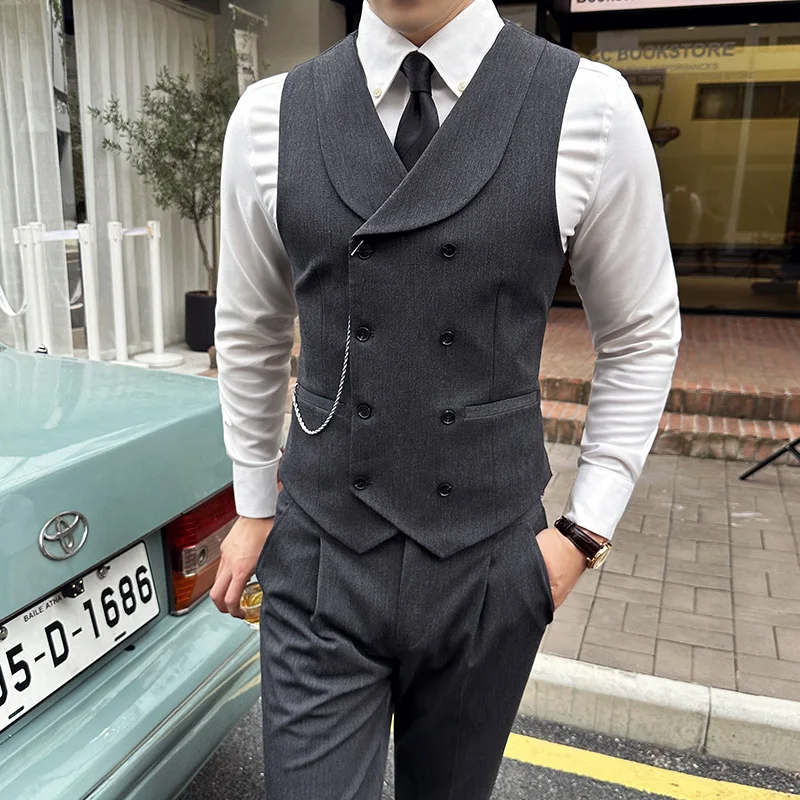 Brand Clothing Men\'s Business Suit Vest Male Slim Fit Fashion High Quality Double Breasted Suit Vest