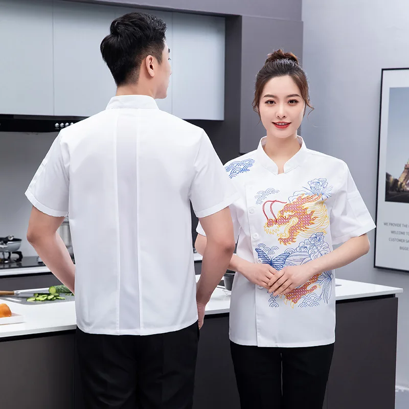 Hotel Chef Uniform Short-sleeved Work Clothes Men's and Women's Clothing Hotel Kitchen Back Kitchen Catering Clothing Plus White