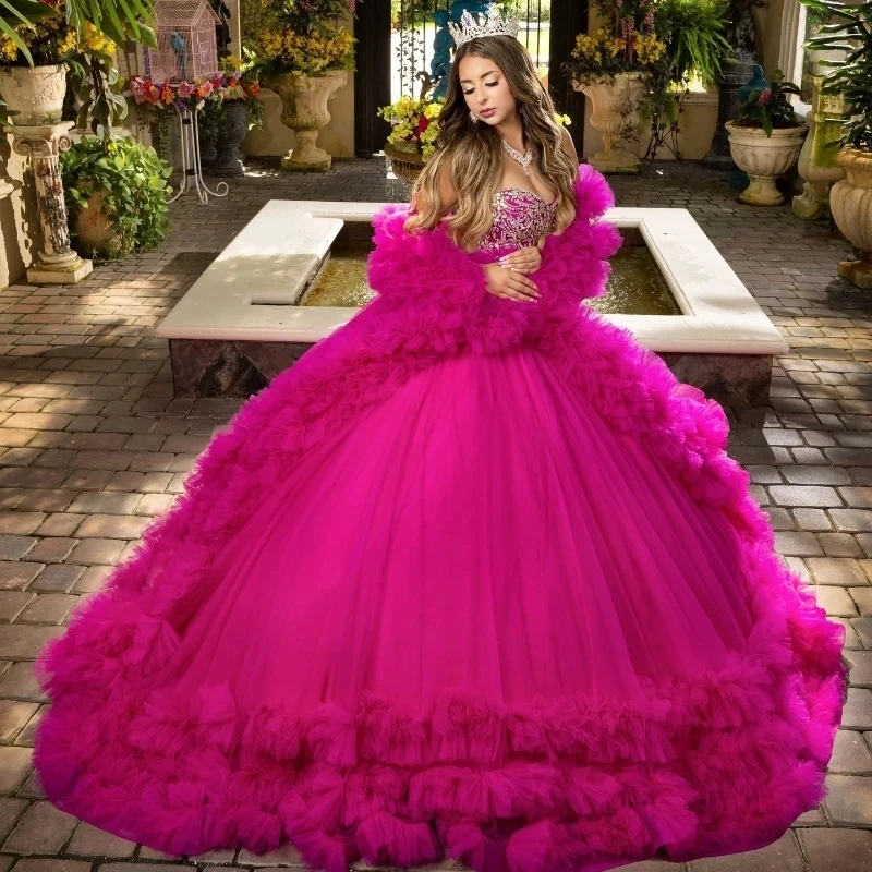 Luxury Ball Gown Rose Red Quinceanera Dress 2024 Beads Crystal Tull Tiered Vestido De 15 Años Sweet 16 Birthday Pageant Princess