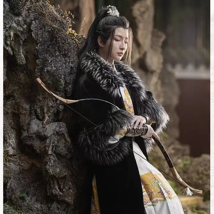 Winter Thicken Plush Collar Cloak Men Women Traditional Song Dynasty Cross Collar Beizi Hanfu Robe Niche Half Sleeve Hero Cloak