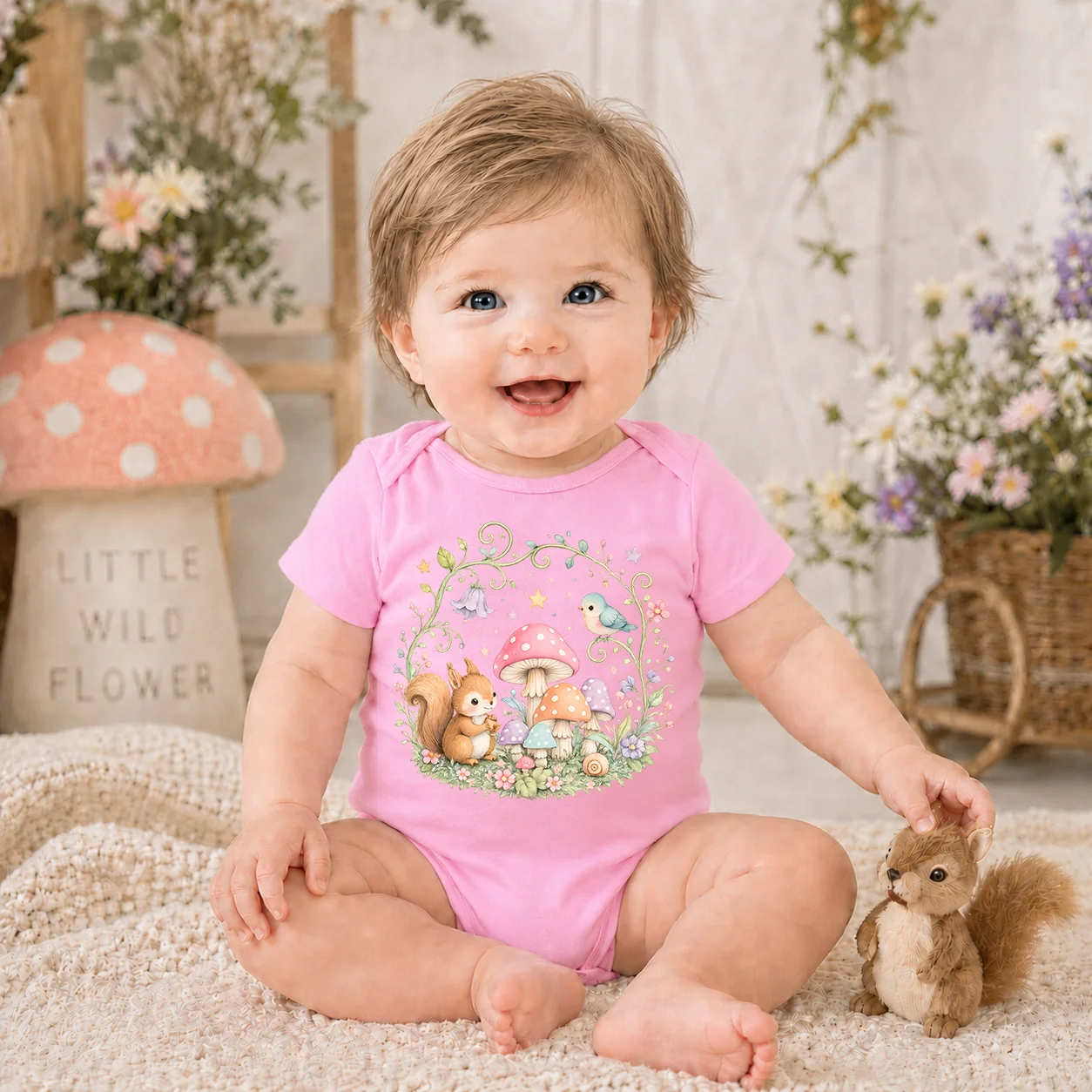 Newborn Baby Bodysuit Cute Woodland Squirrel Mushroom Bird Print Short Sleeve Baby Girl Romper Soft Cotton Infant Onesie Summer
