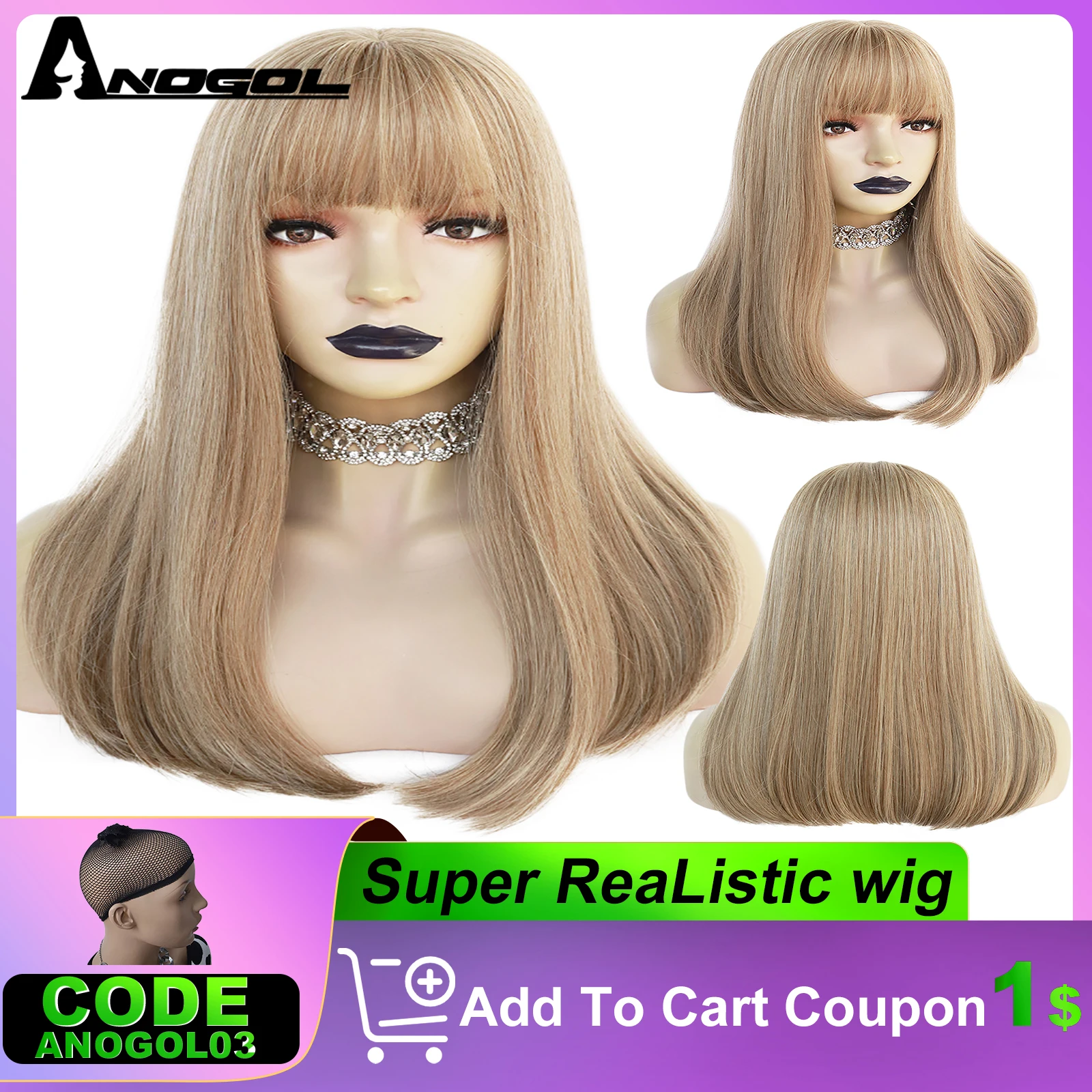 

ANOGOL Synthetic Wig Fiber Light Brown Synthetic Wigs for Women Long Straight Hair with Bangs for Girl Lolita Cosplay Wigs