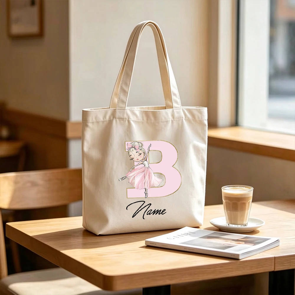 Personalized Ballet Initial Canvas Tote Bag Custom Name Pink Cute Ballerina Letter Grocery Shopping Bag Reusable for Girls Gifts