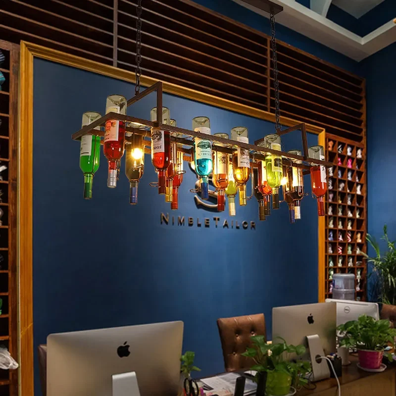 Retro Industrial Rust Metal Colored Wine Bottle Glass Chandelier Coffee Shop Bar Restaurant Living LED Decorative Pendant Lamp