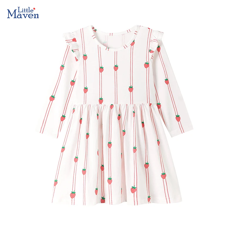 Little maven 2026 Spring Autumn Dress Kids Clothes Baby Girls Long Sleeve Cartoon Strawberry Dress Children's Clothing Cotton