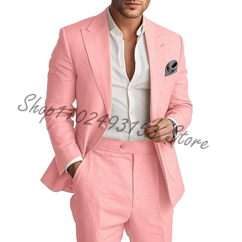 Men's 2-Piece Linen Suit Slim Fit Groomsmen Suits Casual Wedding Summer Beach Tuxedo Blazer Pants Linen Costume Homme Mariage