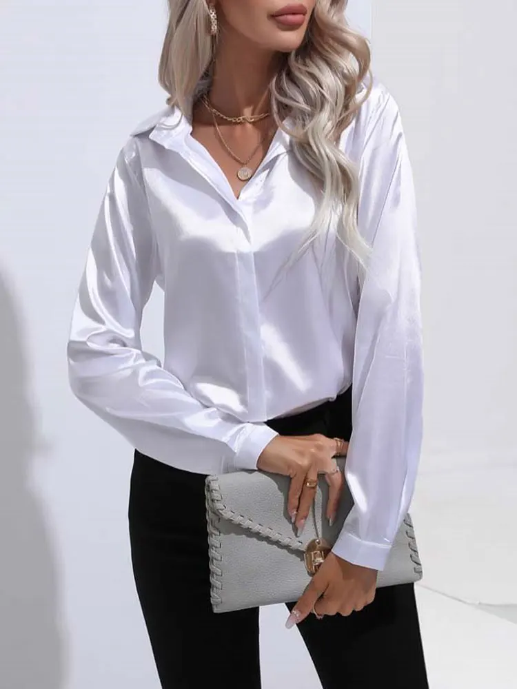 Loose Shirts For Women 2023 Spring Summer Satin Shirt Women V Neck Long Sleeve Office Shirt Blouses Ladies Black White Silk