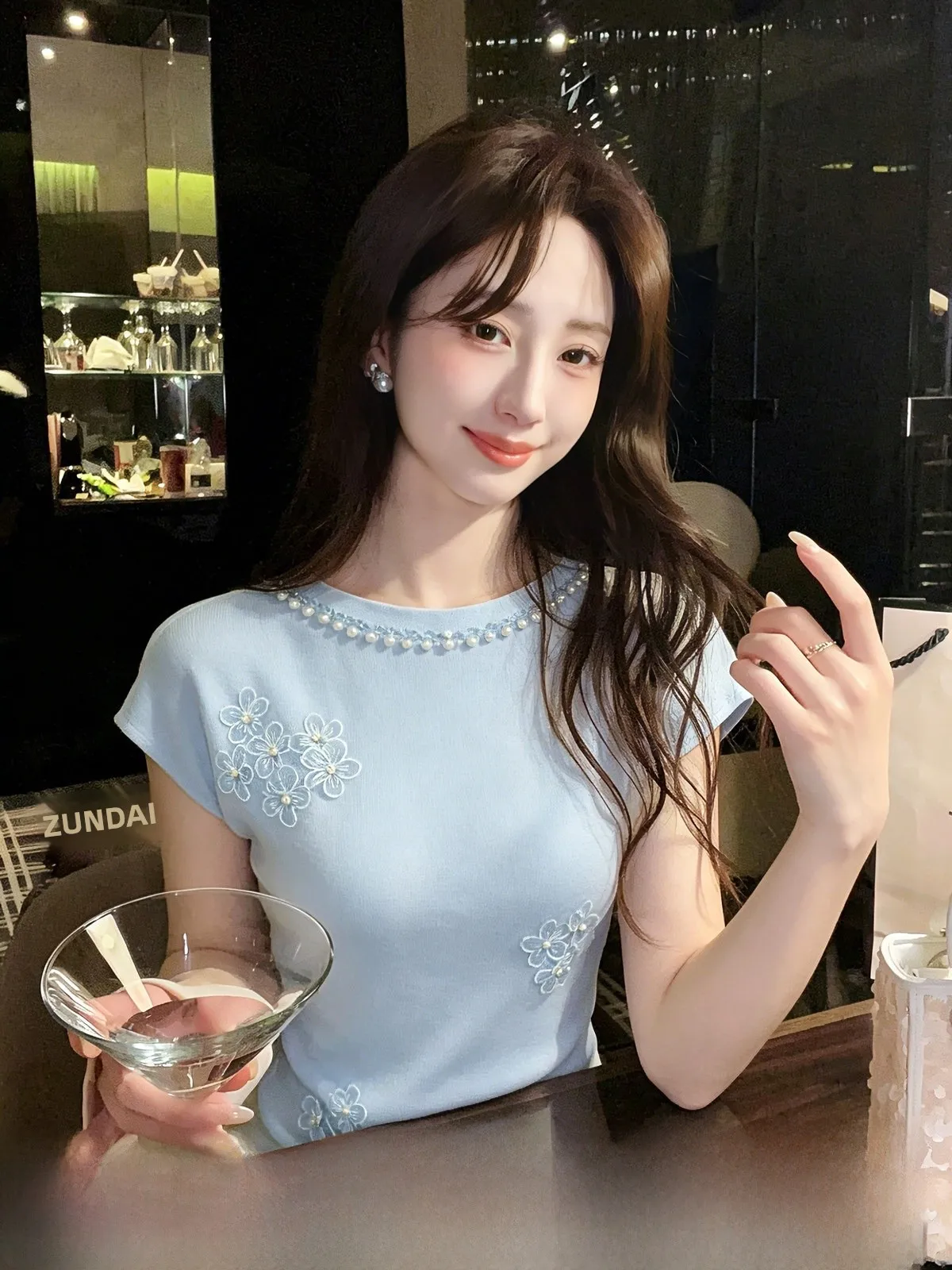 

Stunning Floral Knitted Top Women's Summer Beautiful Embroidered 3D Flower Design French Style round Neck Short Sleeve Sweater