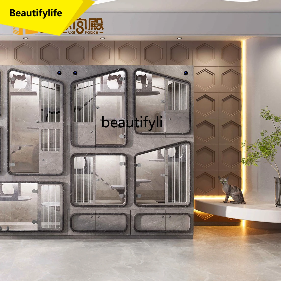 

A57 Light luxury double-layer cat cabinet integrated cat litter box solid wood cage double-sided glass display cabinet pet store