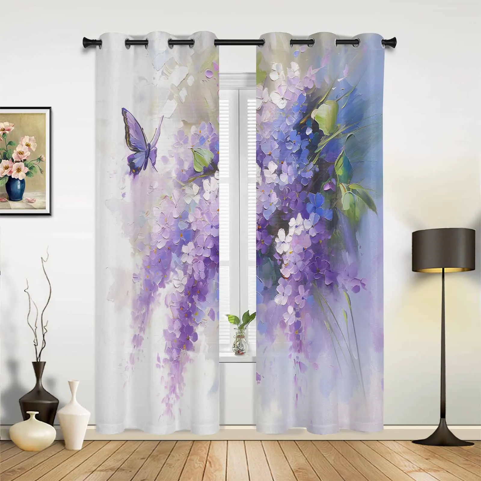 Oil Painting Purple Lavender Butterfly Window Window Curtains Living Room Bathroom Bedroom Decor Kids Window Treatment