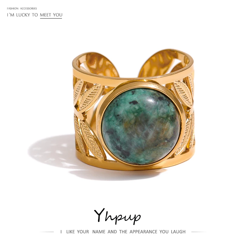 Yhpup Stainless Steel Green Natural Turquoise Opening Ring Statement Golden 18 K Plated Ring bague acier inoxydable Gift New