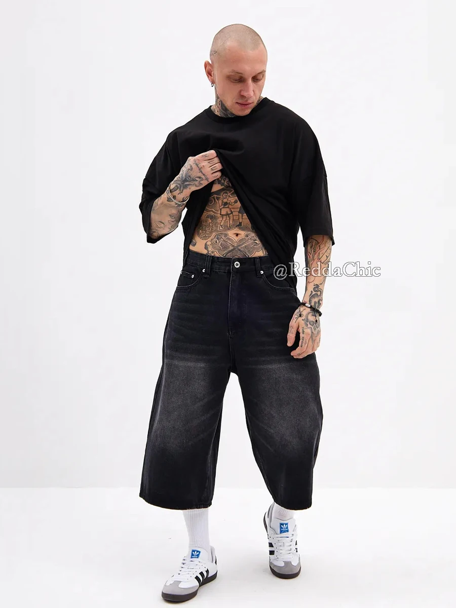 REDDACHiC Whiskers Black Jean Shorts Men Jorts Retro Frayed Pockets Low Rise Wide Casual Bermuda Pants Summer Plus Size Bottoms