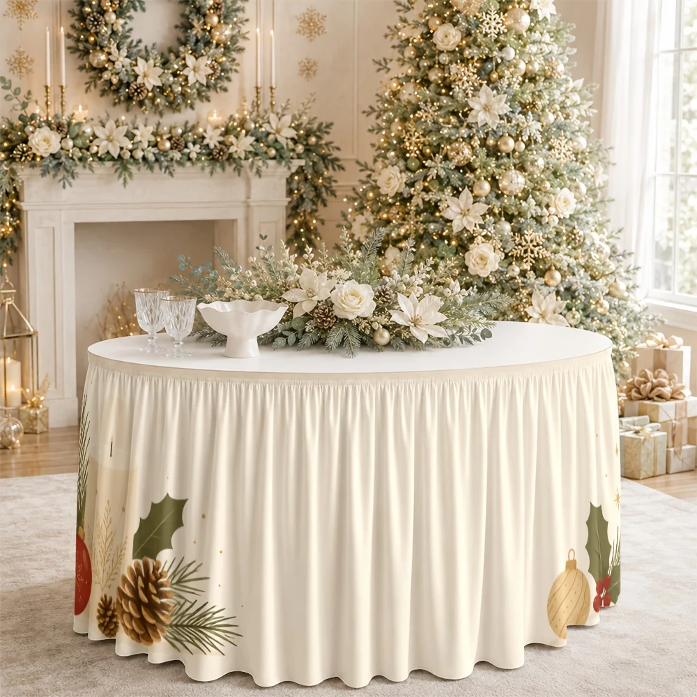One tablecloth or table skirt for holiday and festive decoration, featuring pinecones, holly, berries and candles