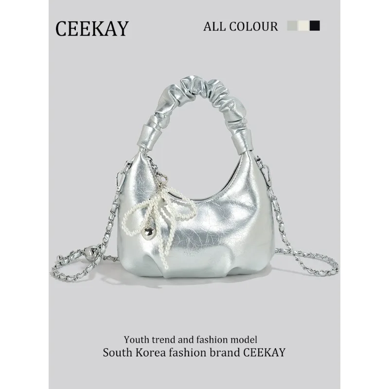 

2026 New CEEKAY Metallic Ruched Cloud Bag, Silver Leather Shoulder Bag with Pearl Heart Charm, Casual Underarm Bag for Women