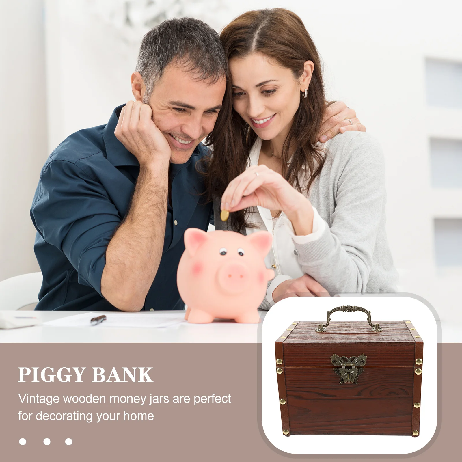 Retro Wooden Piggy Bank Vintage Coin Jar Safe Material Decorative Money Saving Box Desktop Ornament Jewelry Organizer Lock