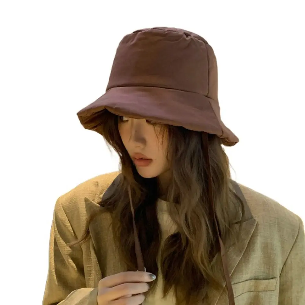 

Outdoor Ultra-Light Down Cotton Bucket Hats Portable Cold-proof Women Fisherman Hat Windproof Wide Brim Artist Cap Autumn Winter