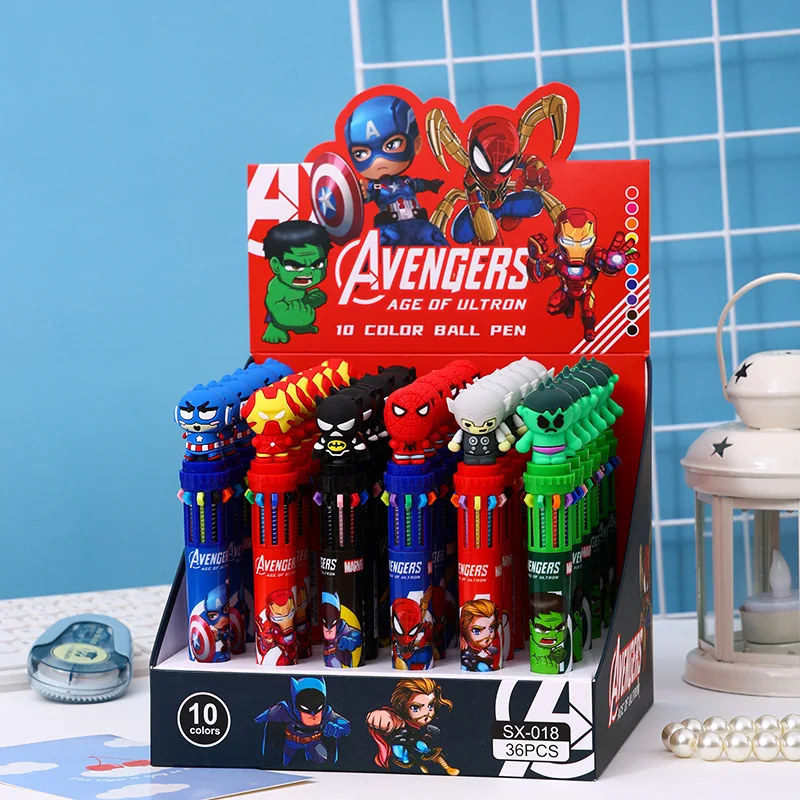 6-36 buah pulpen kartun Superhero Avengers 10 warna, pena tekan pulpen warna alat tulis multifungsi grosir