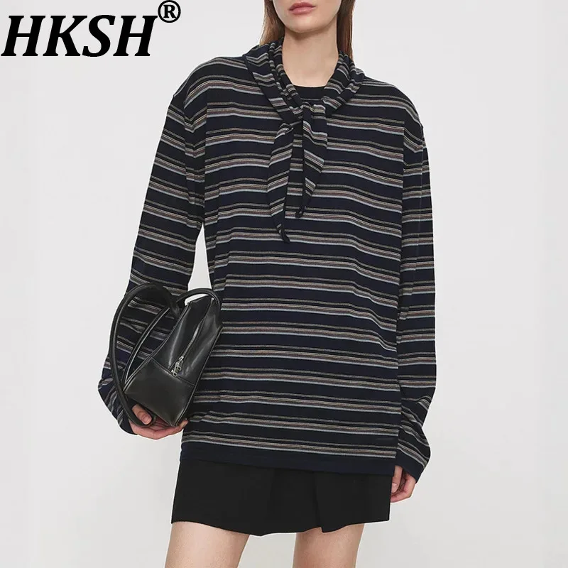 

HKSH Spring Autumn New Women Tide Gradient Ins Striped High Street Wool Crew Neck T-shirt Sailor Triangle Scarf Chic Top HK11031