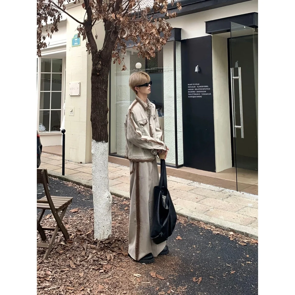 American Sle Autumn Winter Denim Set Coffee Striped Color Blo Faionable Urban Youth Jaet And Pants Outfit Stand Fit