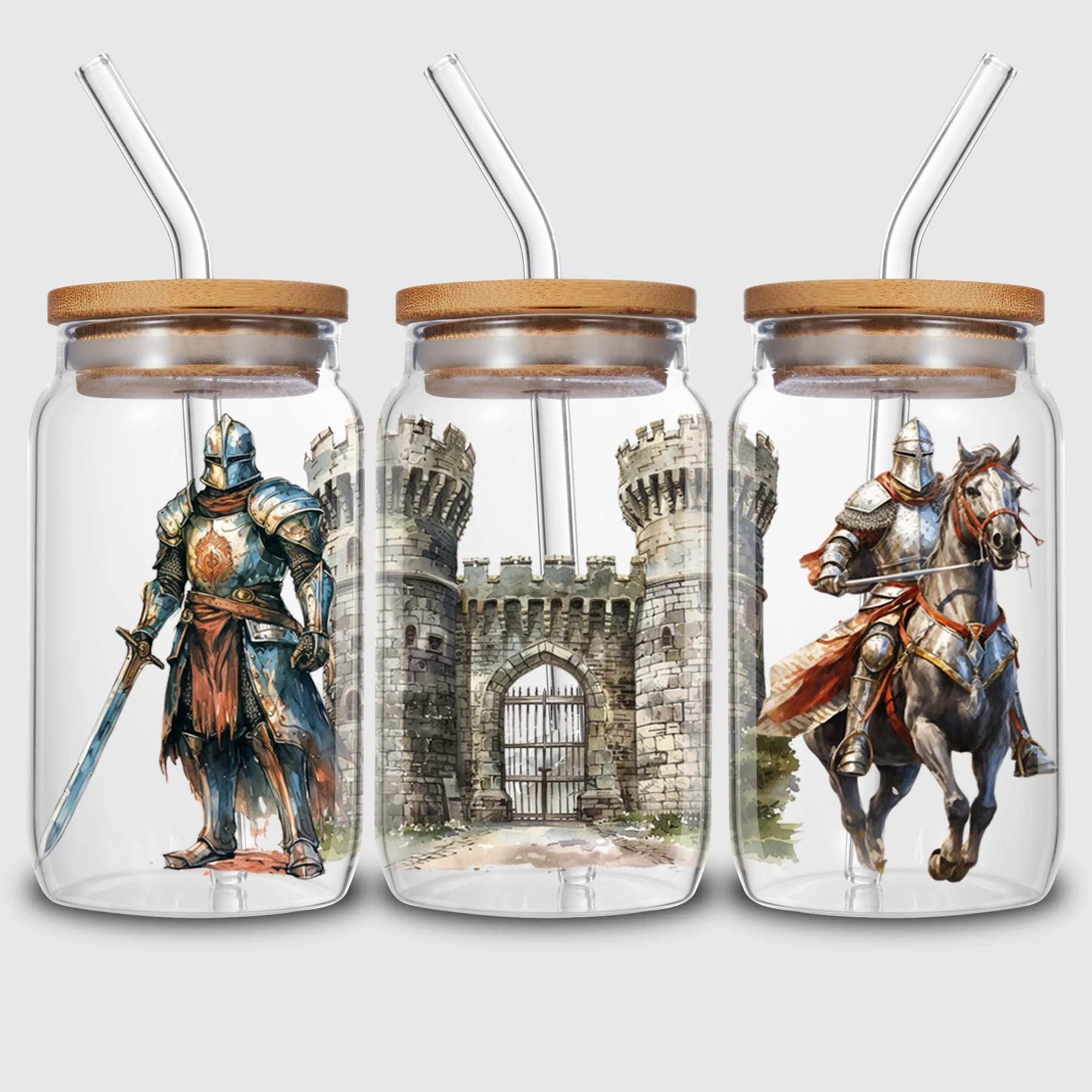 5 Sheets Medieval Knights UV DTF Mug Stickers, Glass DTF Transfer Stickers, Waterproof Wipe Transfer Paper for 16oz Glass, Mug