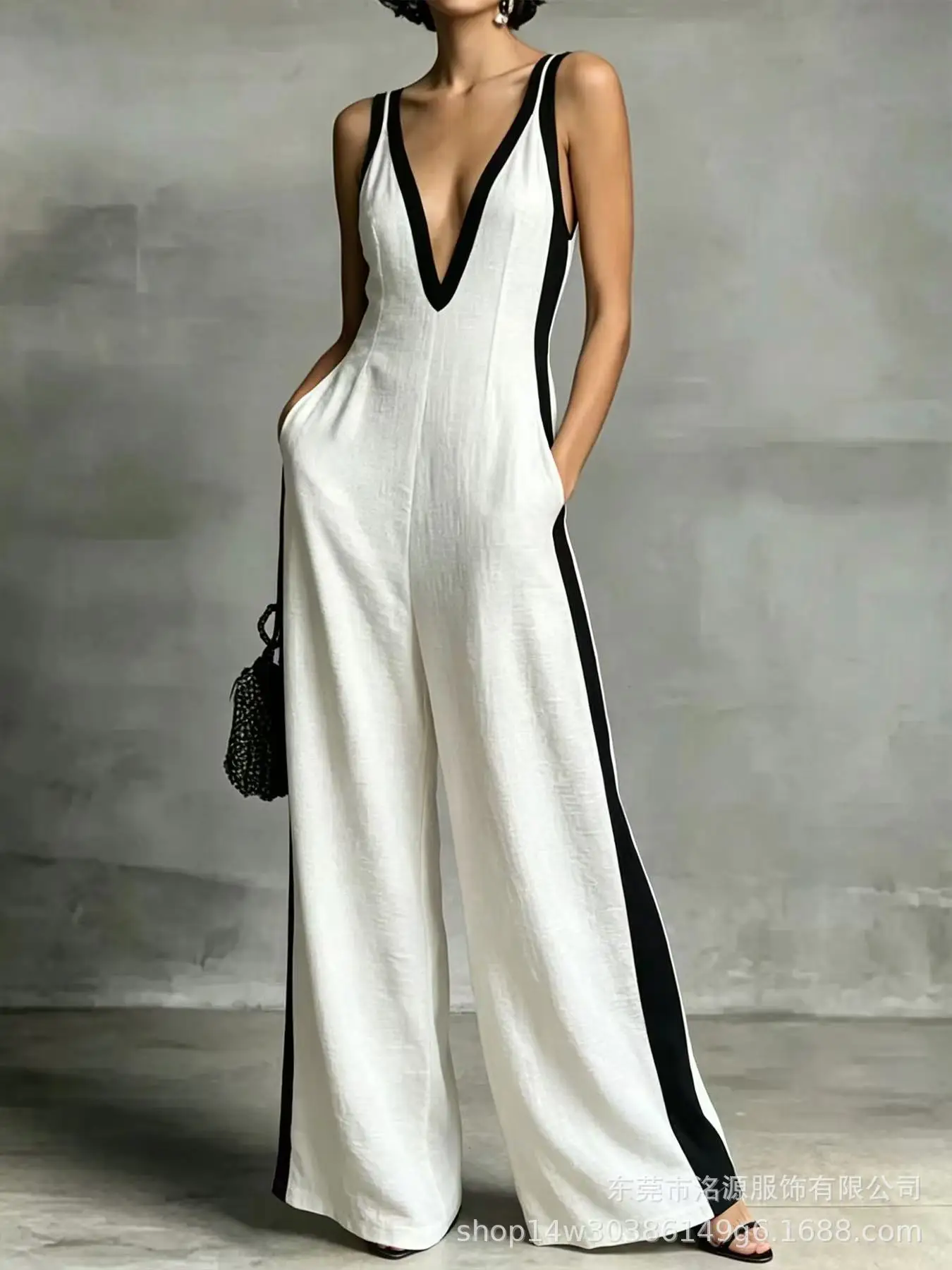 

Sexy Deep V Neck Wide Leg Jumpsuit Women Summer Sleeveless Backless Vintage Elegant Color Blocking Pants Jumpusits Woman Romper