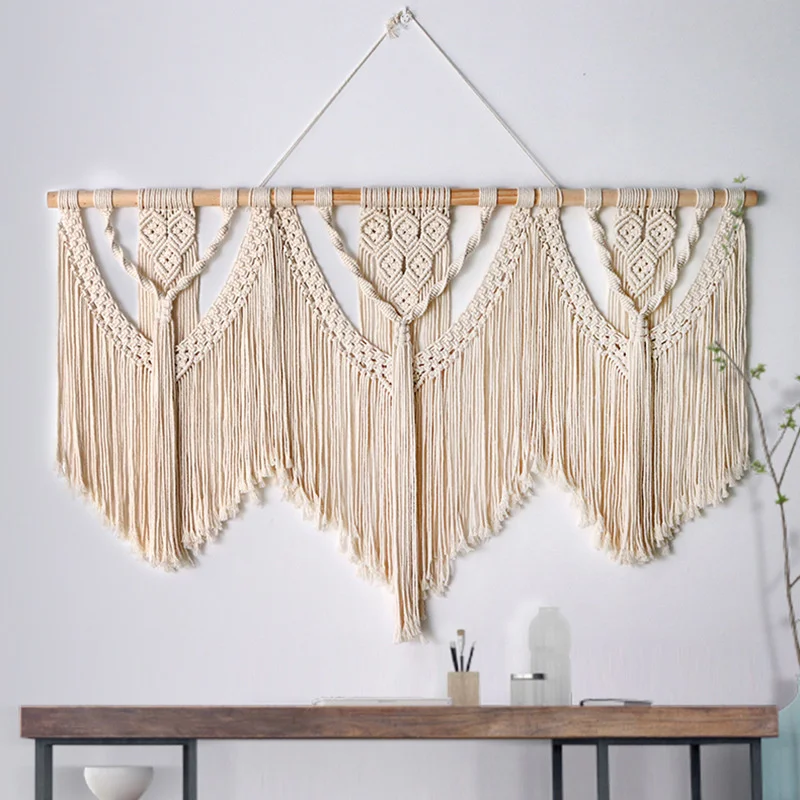 Hand-Woven  Large Macrame Wall Hanging Tapestry with Wooden Stick Bohemia Tassel Curtain Tapestry Wedding Backgrou Boho Decor