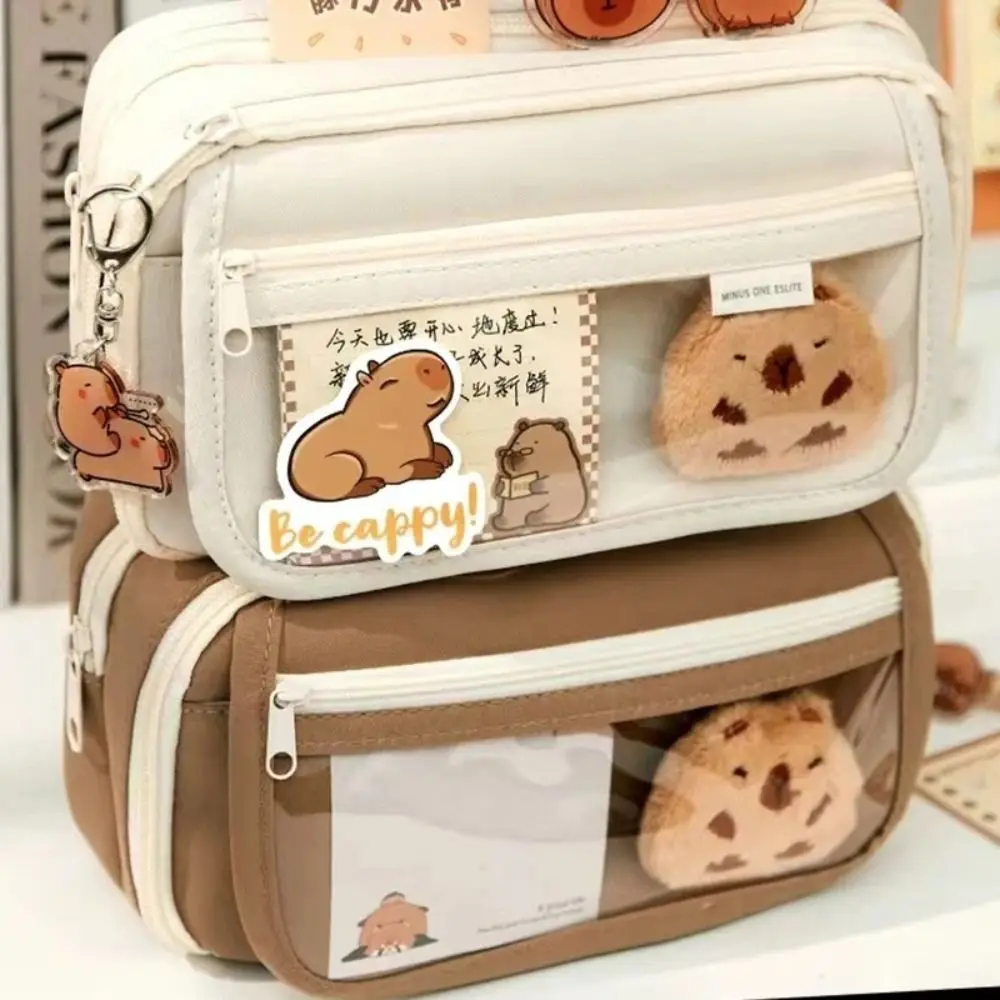 Large Capacity Pencil Bag Capybara Cartoon Stationery Holder Bag With Brooches Stickers Clips Keychains Children Pen Case