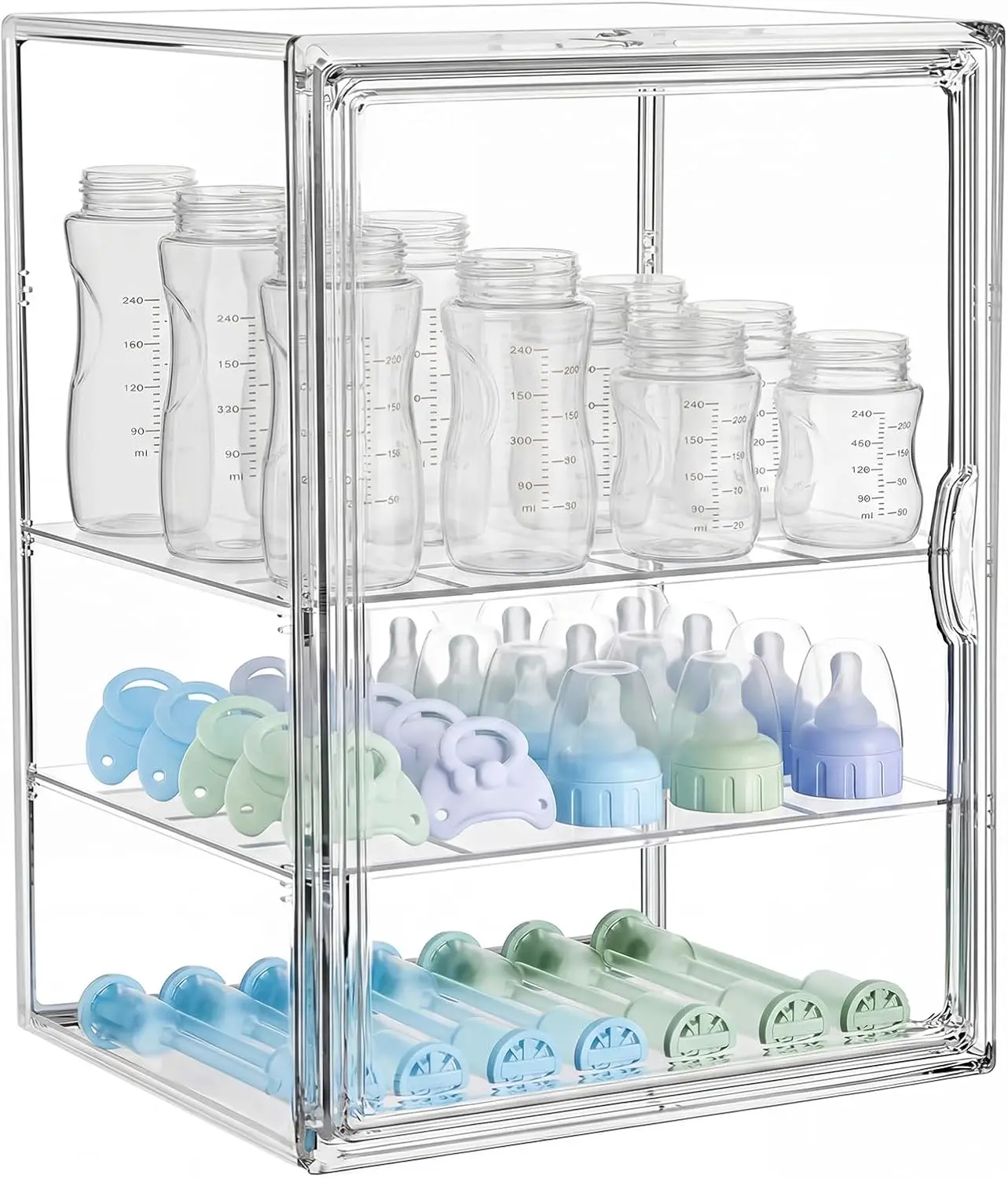 

Baby Bottle Storage Organizer for Countertop, X-Large Clear Bottle Organizer with Adjustable Dividers and Magnetic Door, Nursery