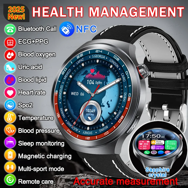 

NFC 2025New Nursing Grade Smart Watch Blood Pressure Blood Lipid Uric Acid ECG+PPG Body Temperature BT Call Health Smartwatch