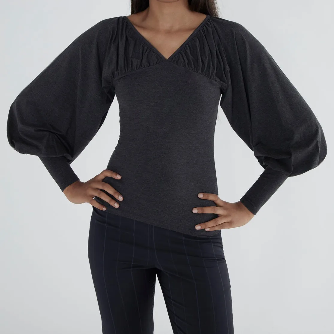 Pw Reversible V-Neck Pleated Lantern Sleeve Top, Stretchy Slim-Fit Long-Sleeve Base Shirt, Dark Gray Base Top, Off-Shoulder Neckline, Chest Ruching