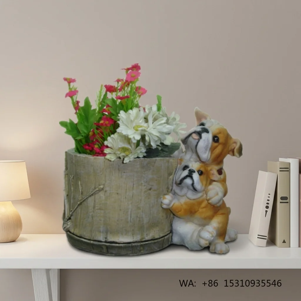 Modern Design Resin Craft Cute Dog with Tubby Flowerpot Hand Carved for Planting and Floor Decoration