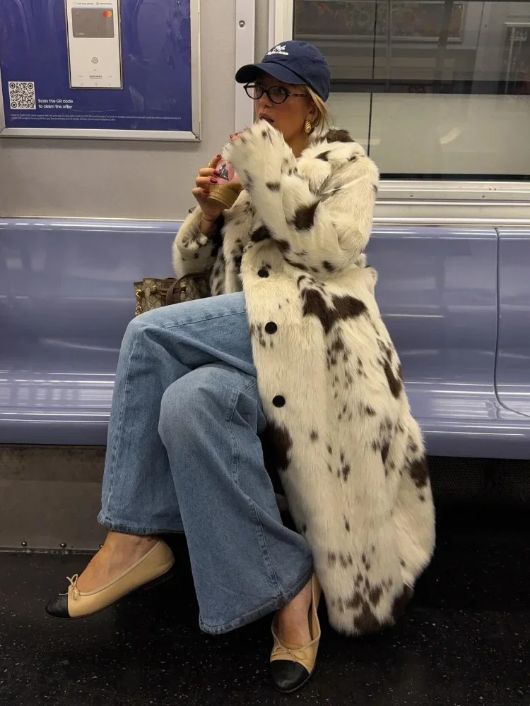 Abrigo largo elegante de piel sintética con manchas de leopardo para mujer, abrigo elegante y esponjoso de felpa grueso y cálido con solapa, prendas de vestir exteriores a la moda para invierno 2024