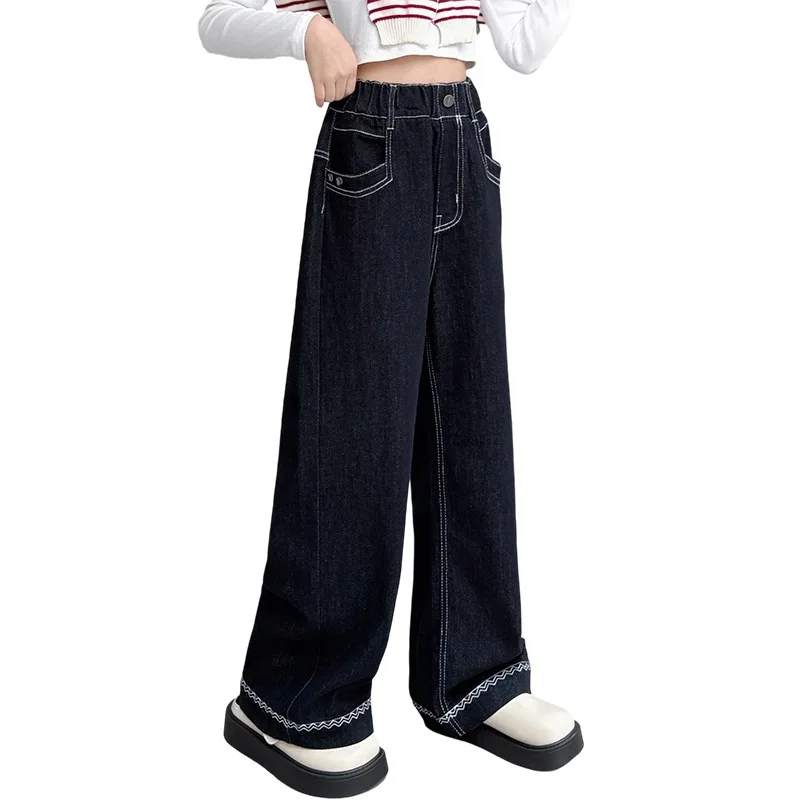 بنطال جينز بناتي بلون سادة لخريف 2025 جديد عصري فضفاض مستقيم الساق واسع الساق من قماش الدنيم للأطفال بعمر 4-14 سنة للأطفال الكبار